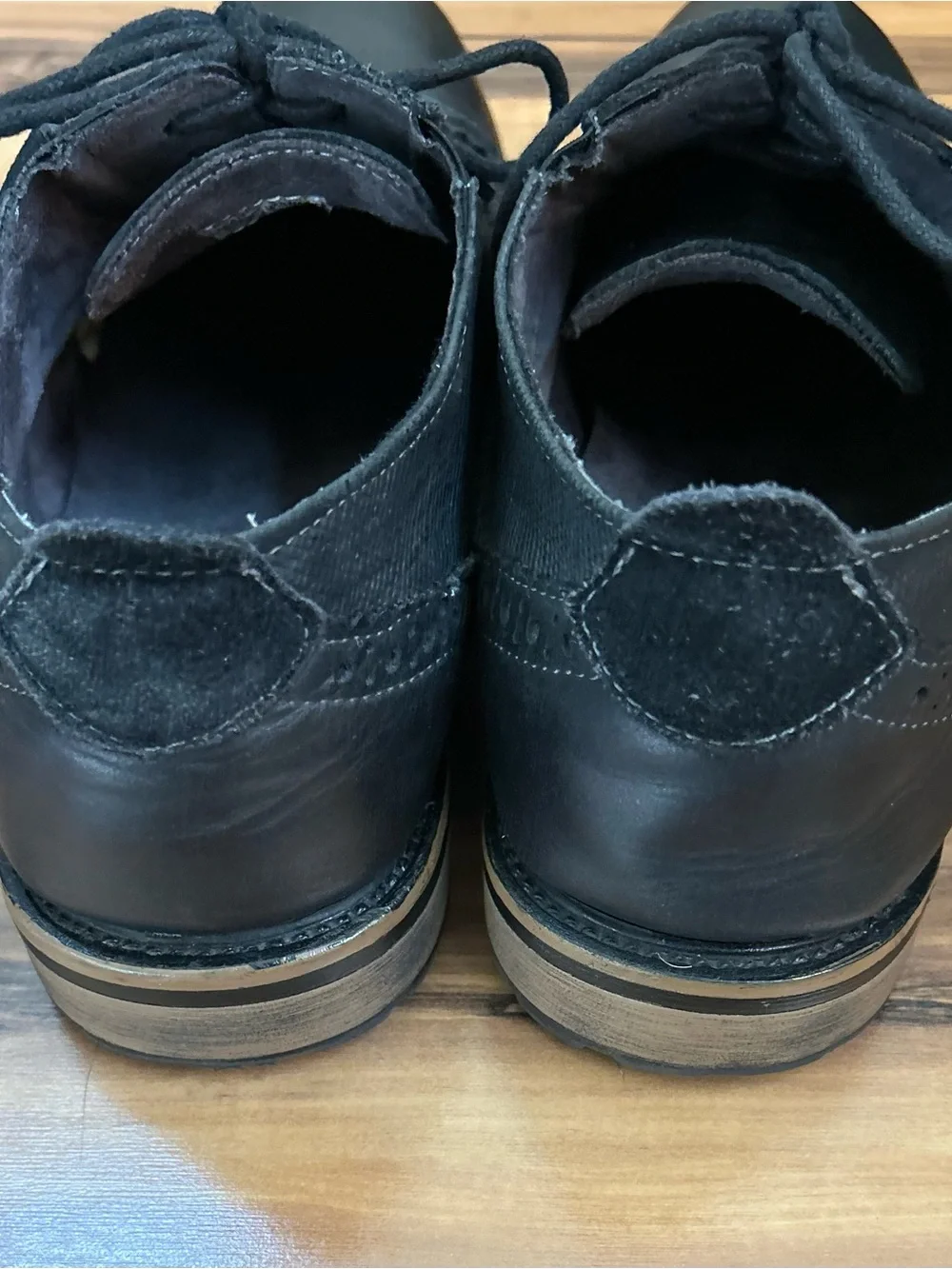 Steve Madden Mens Spanner Black Leather Brogue Oxfords, Lug Sole, Wood Accent 11